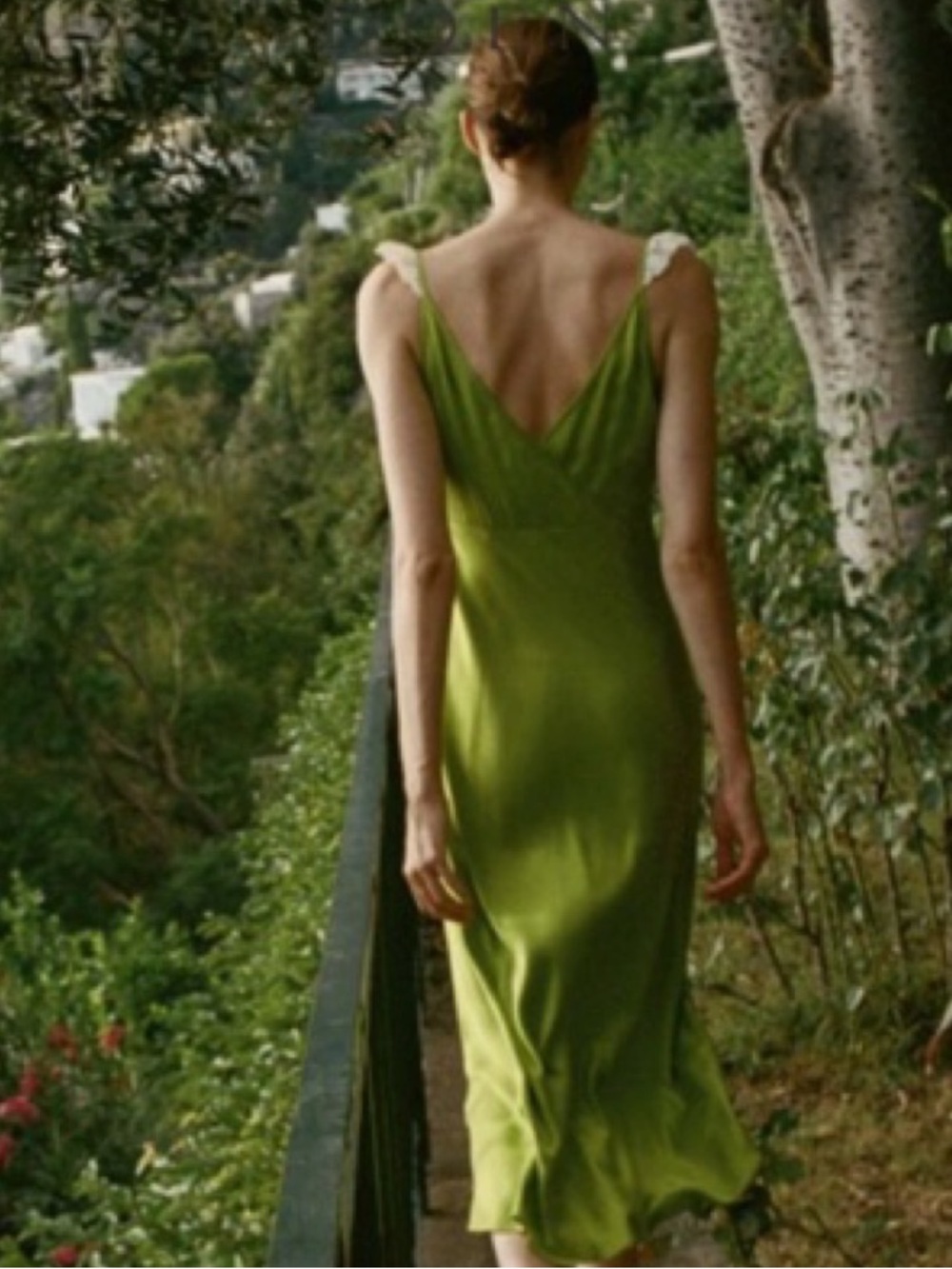 Doen Lime-Green Silk Slip Dress with Ruffle Straps - Picture 2 of 8